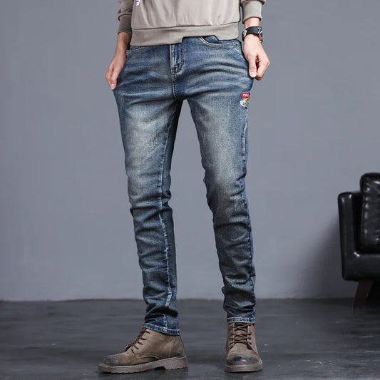 New Men's Vintage Jeans Korean Fashion Slim Little Feet Embroidered Trousers Stretch Male Streetwear Denim Pants.