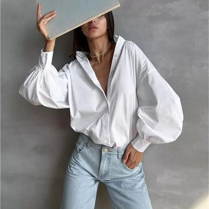 Women's Lantern Sleeve Oversized Blouse 2025 New Casual Loose Streetwear Black White Shirt Woman Vintage All-Match Basic Blusas.