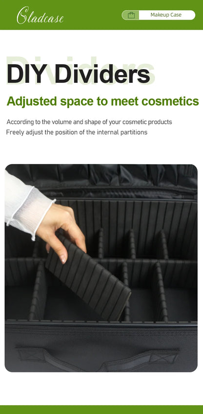 GLADCASE Makeup Case Large Waterproof Makeup Toolbox Professional With Brush Holder Beauty Cosmetic Suitcase Make Up Organizer.