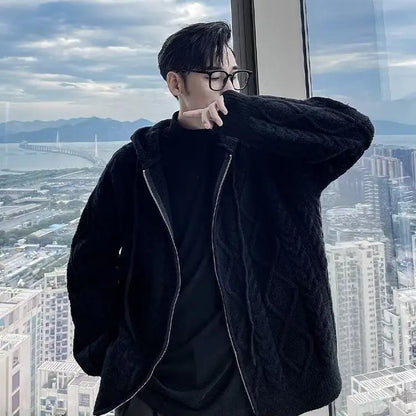 Men's Fashionable Simple Zip-Up Knit Cardigan with Hood - Korean Style Twisted Texture Warm Outerwear for Autumn & Winter.