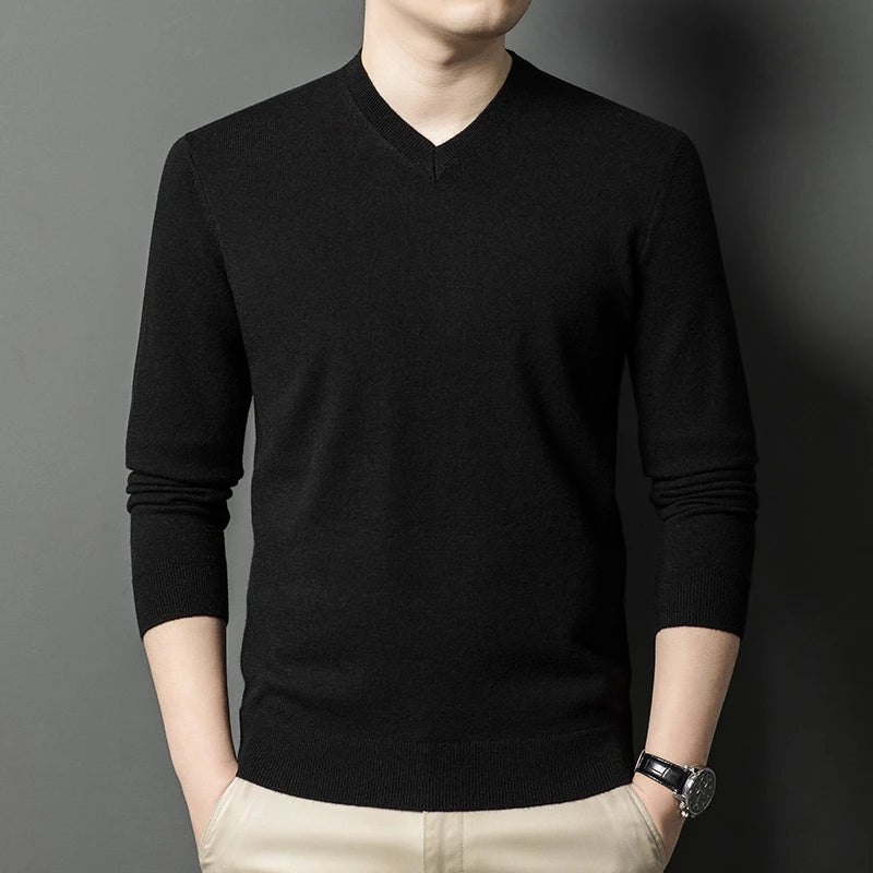 New Sweatwear Men's V Neck Basic Solid Color Sweaters Round Neck Elastic Pullovers Warm Autumn Knitted Oversized Sweater Men