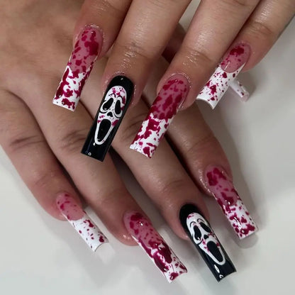 24pcs Glitter Pink Sequins Fake Nails 2025 Halloween Scary Skull Love Print False Nails Wearable European Ballet Press on Nails