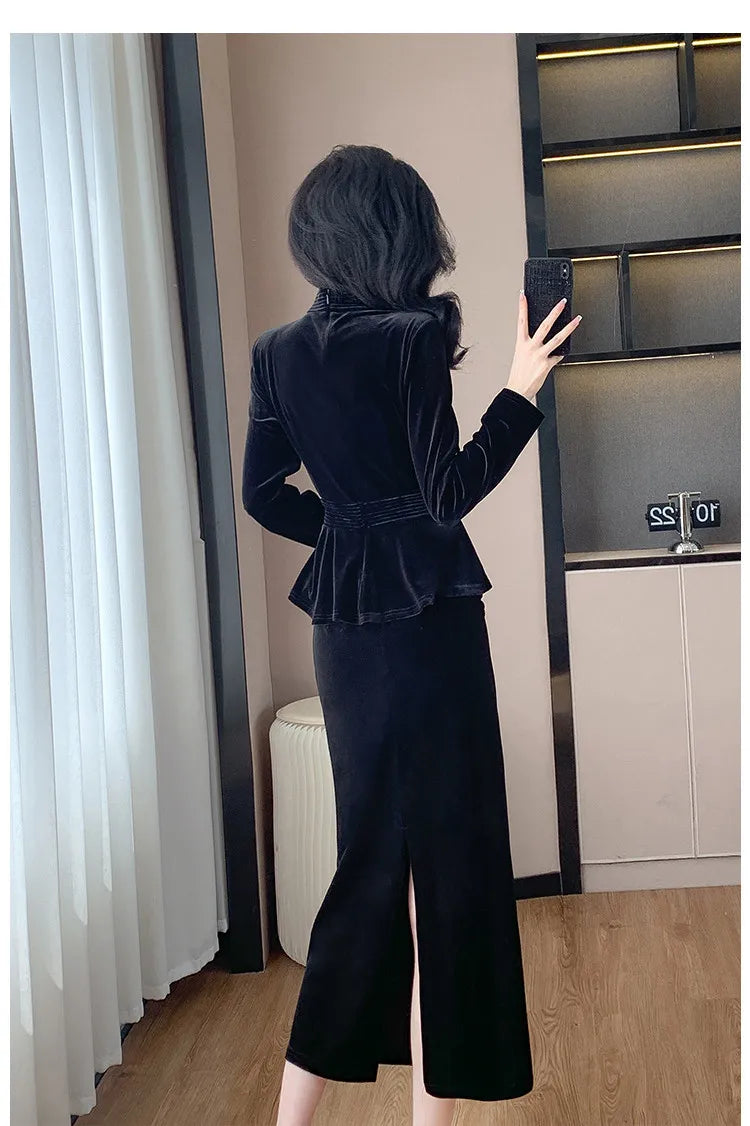 VigoAnne 2025 Solid V Neck Velvet 2 Piece Set Woman Long Sleeve High Waist Skirt Suits Lady Spring Autumn Korean Long Dress Suit.