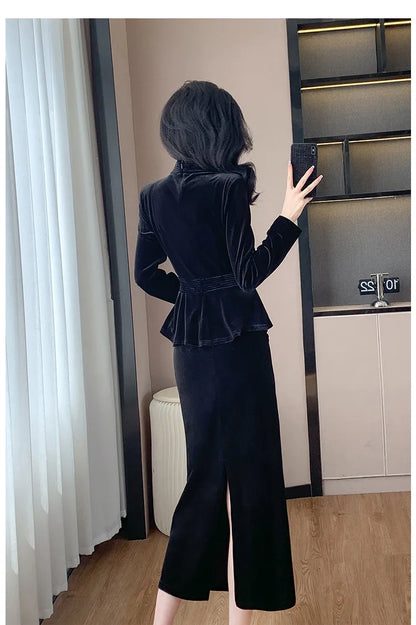 VigoAnne 2025 Solid V Neck Velvet 2 Piece Set Woman Long Sleeve High Waist Skirt Suits Lady Spring Autumn Korean Long Dress Suit.