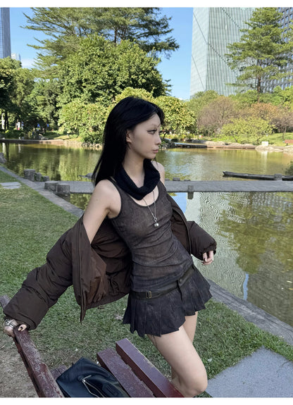 Lautaro Spring Summer Cool Washed Distressed Soft Pu Leather Mini Pleated Skirt Women High Waist Belt Luxury Designer Clothes.