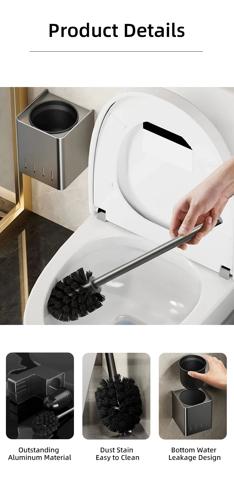 Badezimmer  Toilettenbürstenhalter  Reinigungswerkzeuge  Weltraumaluminium  An der Wand montiert  Kein Bohrer  Vertikal  Klobürste  Badezimmerzubehör