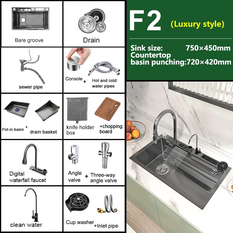 Küchenspüle, Wasserfallspüle aus Edelstahl, Digitalanzeige, große Einzelschüssel mit Multifunktions-Wasserfall-Wasserhahn, Waschbecken