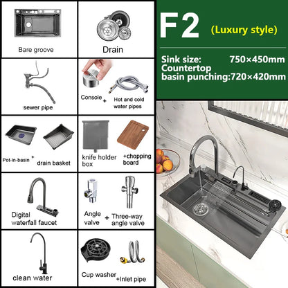 Küchenspüle, Wasserfallspüle aus Edelstahl, Digitalanzeige, große Einzelschüssel mit Multifunktions-Wasserfall-Wasserhahn, Waschbecken