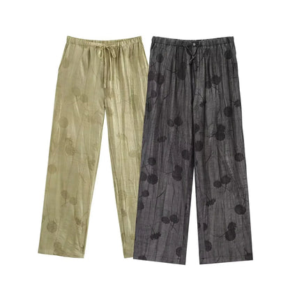 Women Print Long Pants Sets For Women Lapel Half Sleeve Single Breasted Shirts + High Waist Lace-Up Wide Leg Pants.