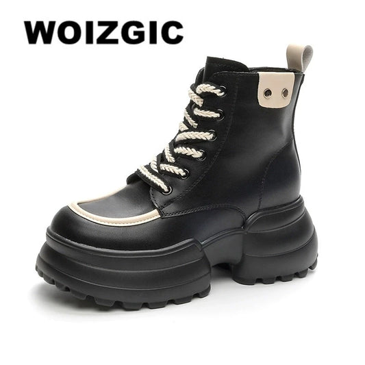 WOIZGIC Women Ladies Mother Genuine Leather Ankle Boots Shoes Lace Up Increase Inside British Style Autumn Winter Plush Fur Warm.