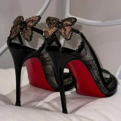 2025 Women's New in Black Lace Butterfly Sexy Pumps Stilettos Peep Toe High Heels Leather Luxury Designer Party Chic Shoes.