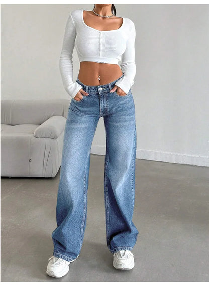 Elastic denim jeans 2025 new fashion low waist loose and trendy women's jeans.