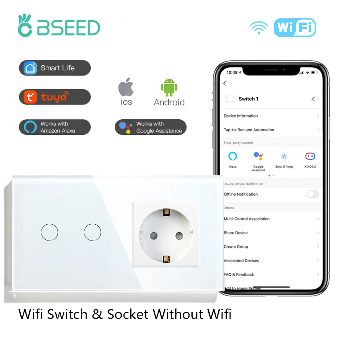 BSEED Wifi Touch Schalter Wand Licht Schalter Mit EU Buchse USB Typ-C Stecker Tuya Smart Leben Alexa Yandex App Steuerung Glas Panel