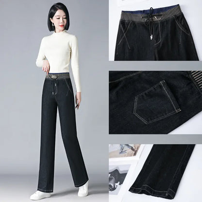 Women Elastic High Waist Straight Jeans Winter Warm Thicken Baggy Velvet Lined Wide Leg Denim Pants Korean Casual Vaqueros New.