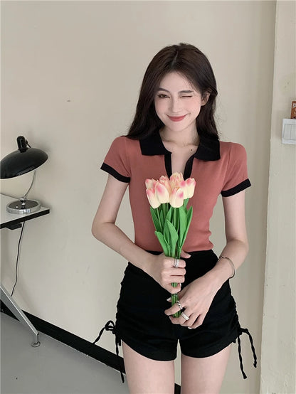 Jielur Spell Color Polo Knitting Women's Blouses Slim Sexy Short Sleeve Summer New Casual Female Blouse Chic Simple Office Lady.