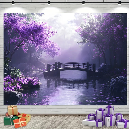 Blooming purple flowers and rustic bridge tapestry-a peaceful landscape wall hanging for bedroom living room decoration.