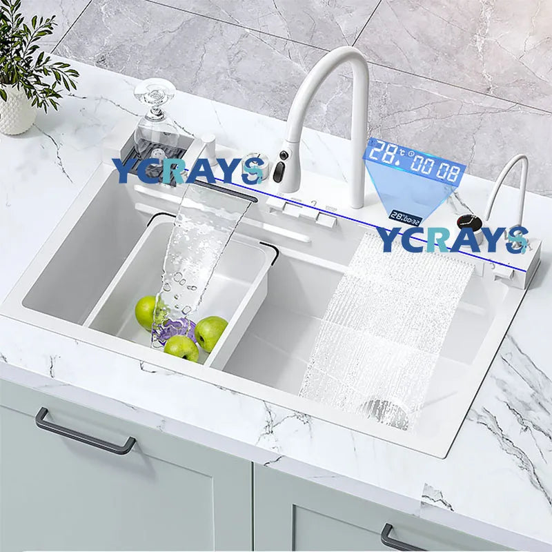 YCRAYS White Nano Kitchen Sink Large Single Slot Waterfall Integrated Digital Display Faucet Soap Dispenser Cup Washer Pure Tap