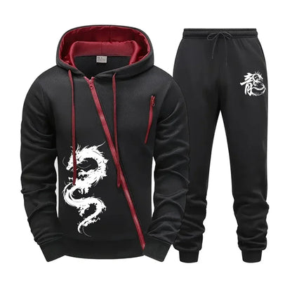 Men's Zipper Hooded Tracksuit Chinese Dragon Print Jacket Sweatpants 2pcs Set Male Outdoor Casual Sports Riding Versatile Outfit.