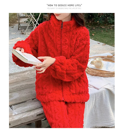 Große Größe Flanell Pyjama Set Herbst Winter Weibliche Nachtwäsche Hosen Anzug Verdicken Korallen Fleece Hohe Kragen Lounge Tragen Homewear