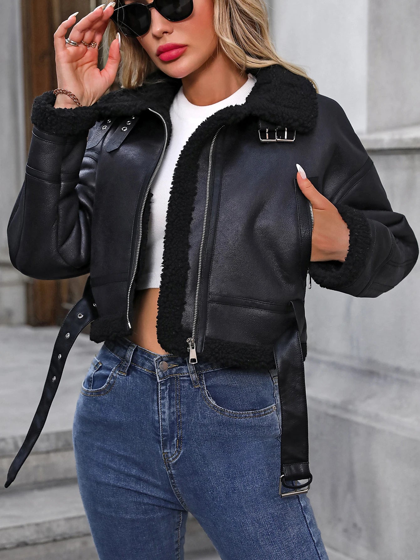 Fitaylor Herbst Winter Frauen Faux Lammwolle Leder Jacke High Street Leder Outwear Casual Dame Revers Zipper Kurzen Mantel.