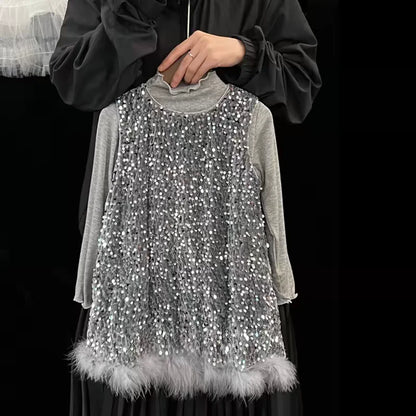 Pailletten Mädchen Prinzessin Kleid Grau Rundhals Ärmellose Feder Weste Kleid Kinder Geburtstag Party Kleid Performance Kleid.