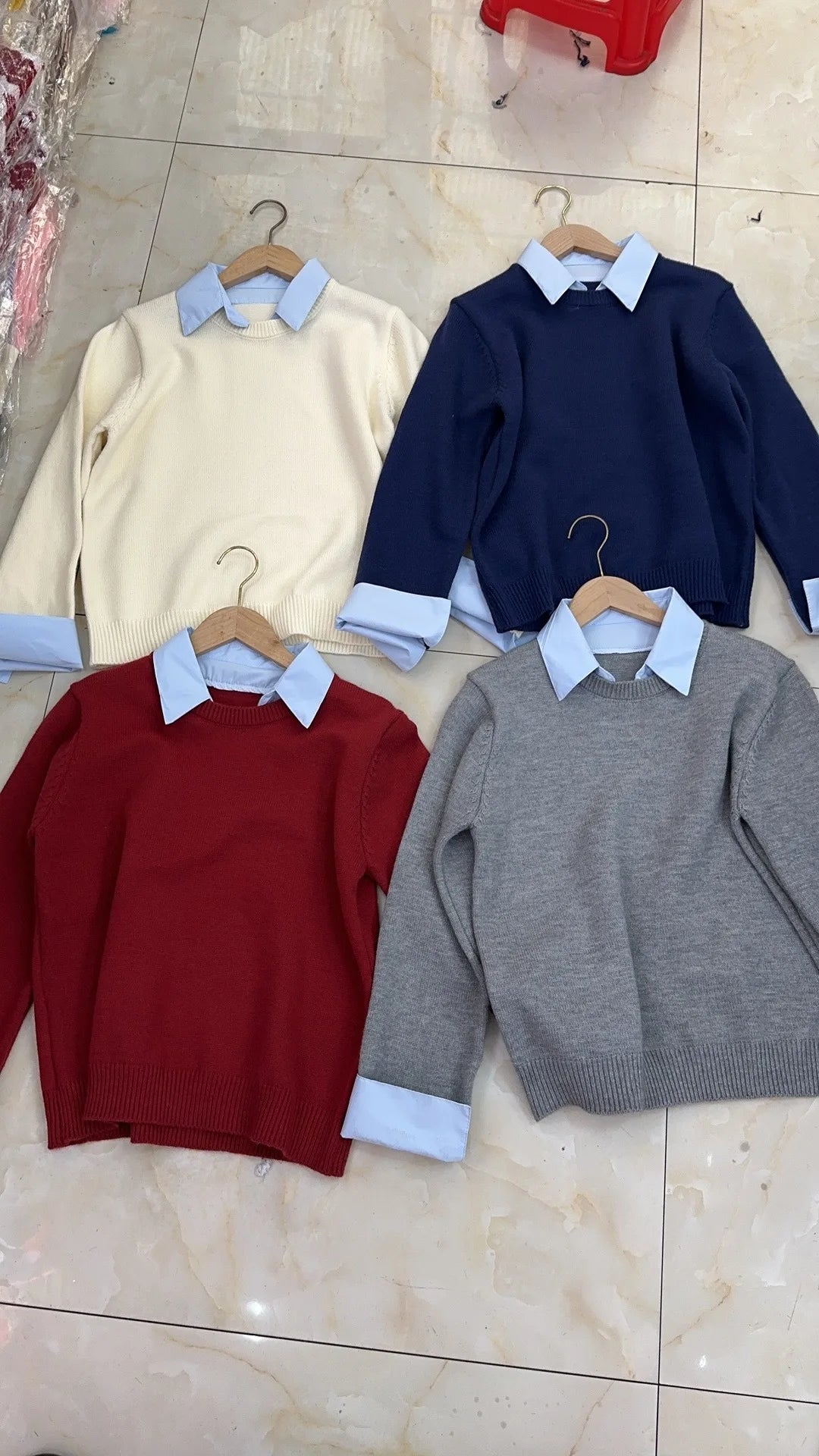 Gefälschte Zwei Shirts Kragen Pullover frauen Herbst Outfit Neue Lazy Linterior Kontrast Farbe Grau Stricken Pullover Top Mit Flip kragen.