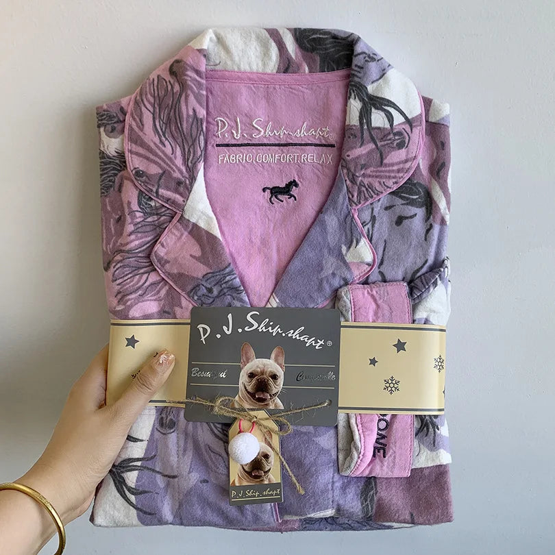 2025 New Pajamas Suit Cotton 2 Piece Set Women Print Cartoon Nightwear Long Sleeve Trousers Set Autumn Loungewear Home Clothes