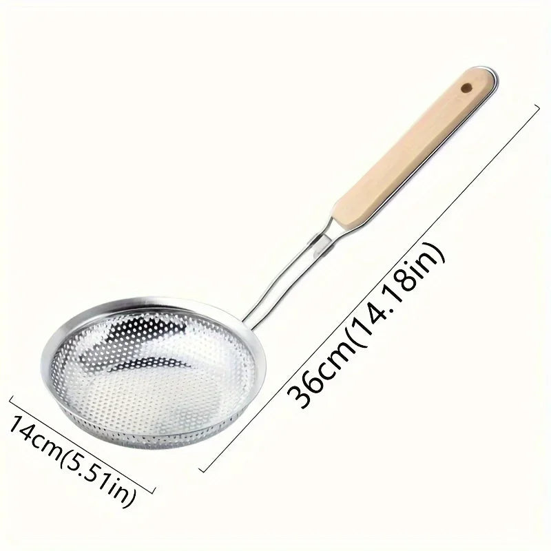 Stainless Steel Colander with Wooden Handle - Fine Mesh Skimmer Spoon for Cooking, Food Prep  Grease Filtering for Pasta Noodles.