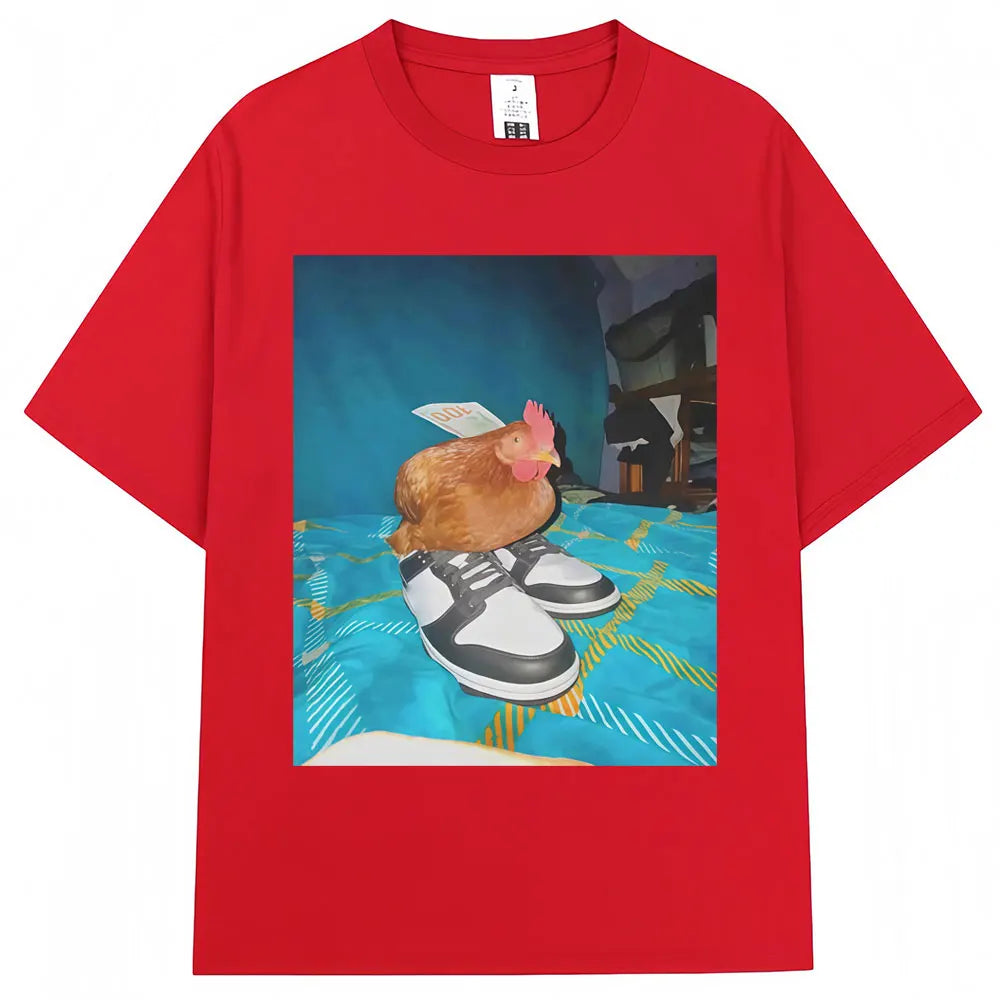 Funny Dripped Out Chicken Meme Print T-shirts Humor Chicken with Shoes Men Women T Shirt Creativity Popular Loose Cotton T-shirt.