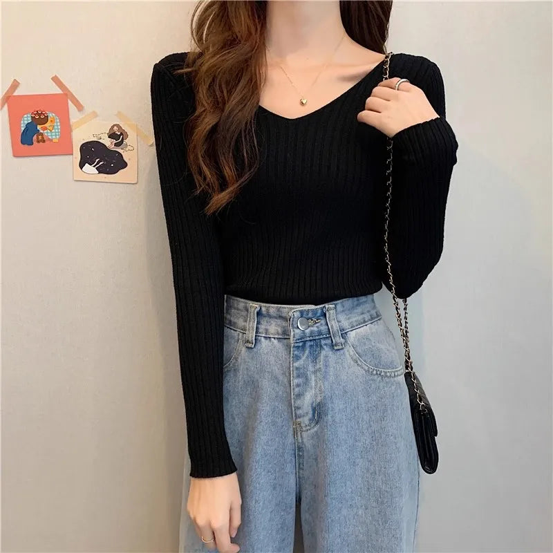 2025 einfarbig Schlank Pullover Koreanische Herbst Winter V-ausschnitt Pullover Mode Lässig Langarm Gestrickte Pullover Frauen Kleidung