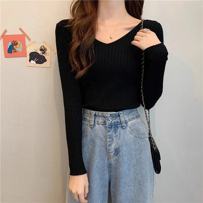 2025 einfarbig Schlank Pullover Koreanische Herbst Winter V-ausschnitt Pullover Mode Lässig Langarm Gestrickte Pullover Frauen Kleidung