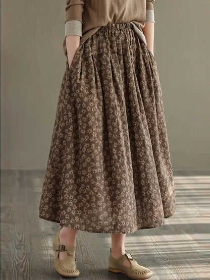 Women Casual Skirts New Arrival 2023 Autumn Vintage Style Floral Print Loose Comfortable Ladies Elegant A-line Long Skirt D536.