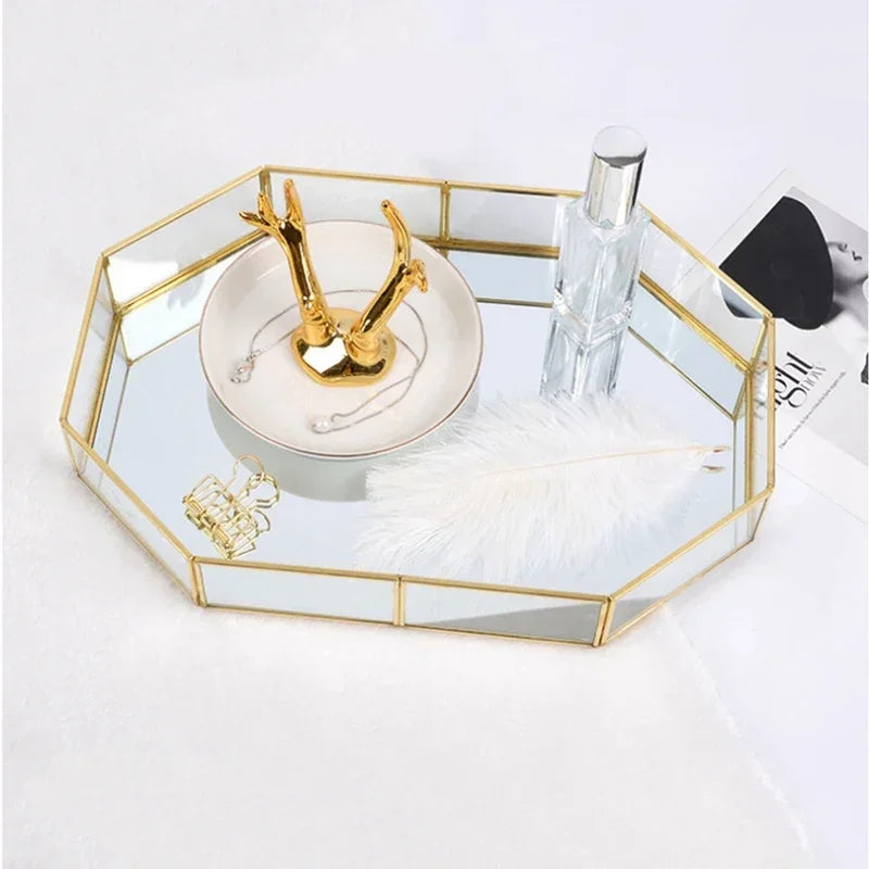 Storage Glass Storage Tray Home Kitchen Golden Tray Simple Jewelry Cosmetic Decoration Retro Copper Tea Storage Trays.