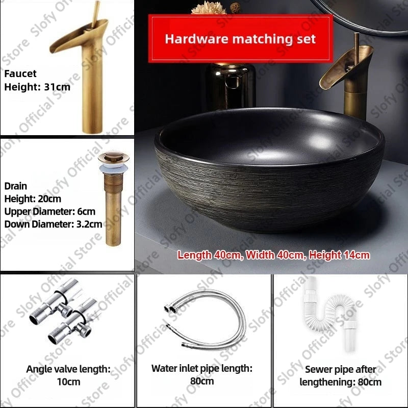Retro-Kunst-Keramikwaschbecken, mehrere Stile, schwarzes Waschbecken, Einzelschüssel, Low-Key-Luxus-Aufsatzwaschbecken für Haushalt, Hotel, Badezimmer