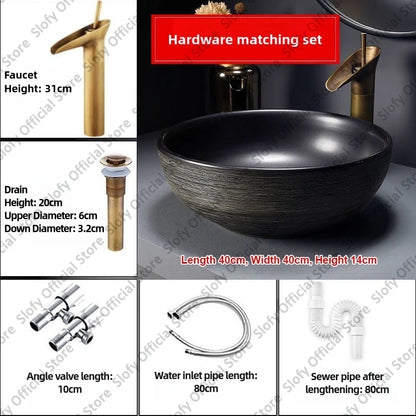 Retro-Kunst-Keramikwaschbecken, mehrere Stile, schwarzes Waschbecken, Einzelschüssel, Low-Key-Luxus-Aufsatzwaschbecken für Haushalt, Hotel, Badezimmer