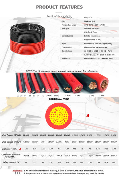 RV PVC Copper wire Flexible wire Soft Black Red Electric cable Auto led Speaker Audio Power Car Wiring 1 2 4 6 8 10 12 14 AWG.