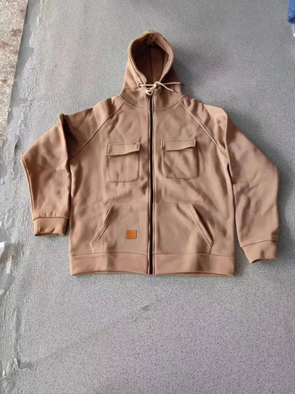 New Autumn Winter Men's Hooded Solid Hoodies Jackets Multi Pockets Male Zipper Sweatshirts Sports Outdoor Casual Hoodie Coat.