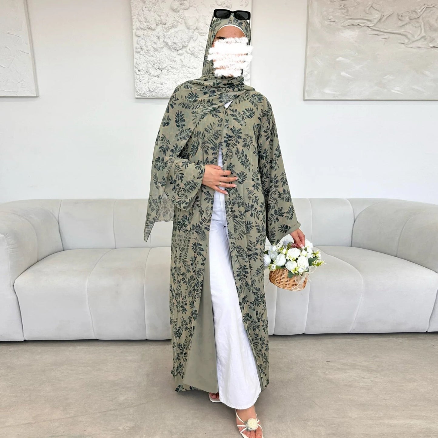 Muslim Abaya Set Luxury EID Islamic Kimono Muslim Women Dress Floral Printed Chiffon Modest Gorgeous Dubai Abaya Dress Suit.