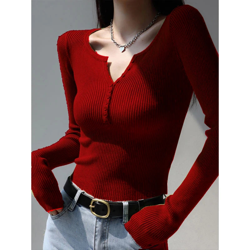 2026 weibliche Casual Tops Pullover Warme V-ausschnitt Frauen Herbst Winter Gestrickte Dünne Pullover Feste Taste Volle Hülse Pullover.