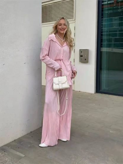 2024 Spring Autumn Women's New Solid Color Button Shirt Long Sleeve Drop Feel Loose Soft Wrinkle Casual Two Piece Set.