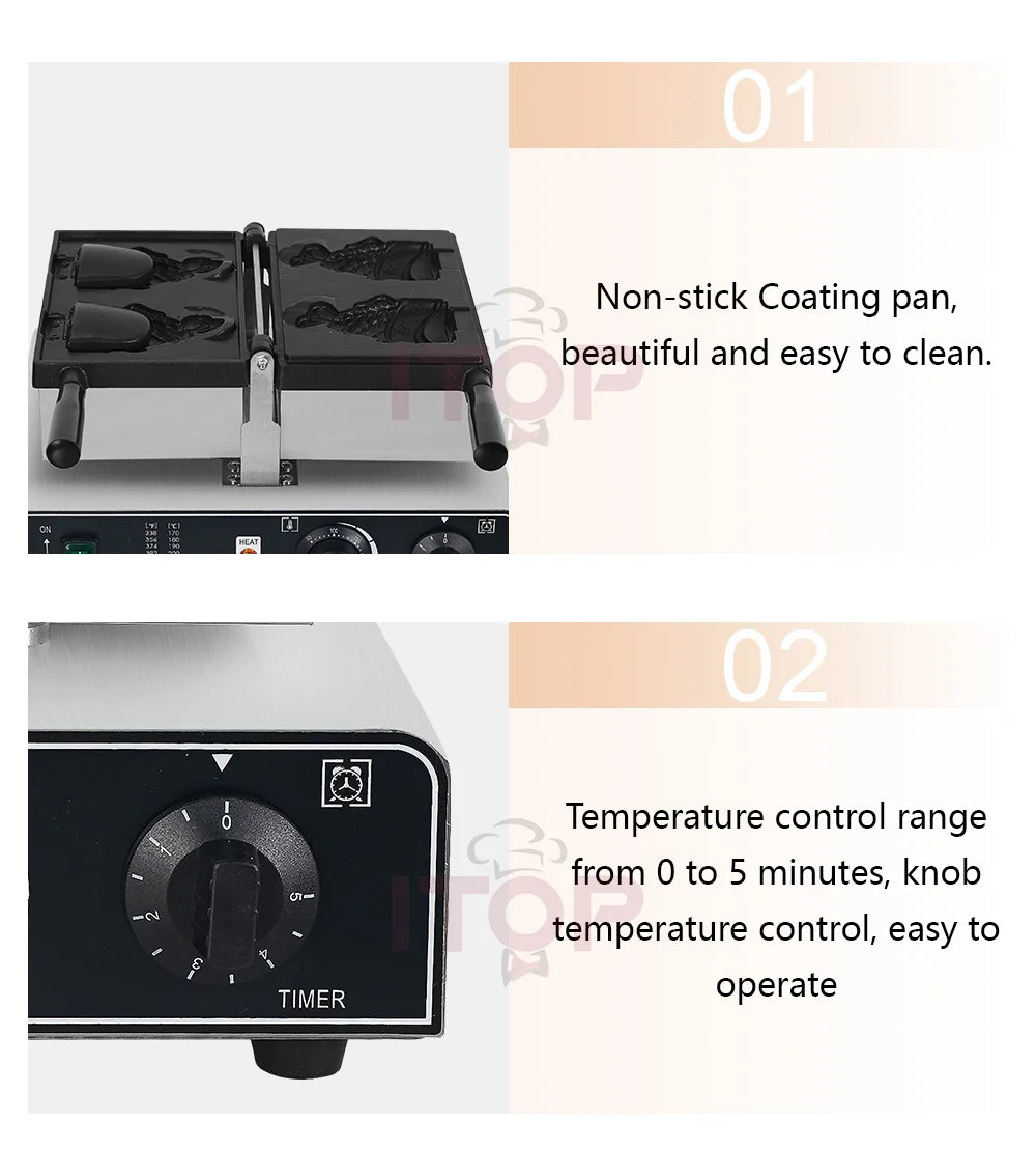 ITOP Taiyaki Waffle Maker 2 Fishes Commercial Ice Cream Taiyaki Pan Making Machine Waffle Cone Baking 2000W Muffin Pancake Snack.