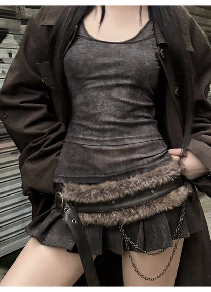 Lautaro Spring Summer Cool Washed Distressed Soft Pu Leather Mini Pleated Skirt Women High Waist Belt Luxury Designer Clothes.