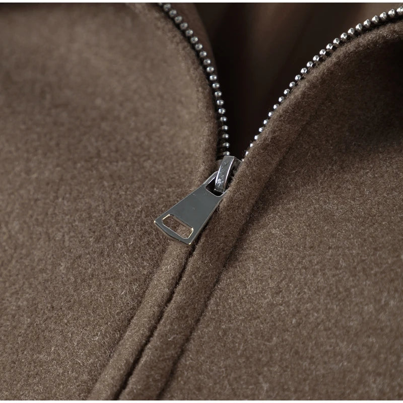 Mode Braun Zipper Woolen Jacke Für Frauen Elegante Revers Langarm Kurze Mäntel Weibliche Vintage Herbst Dame Straße Oberbekleidung.
