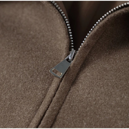 Mode Braun Zipper Woolen Jacke Für Frauen Elegante Revers Langarm Kurze Mäntel Weibliche Vintage Herbst Dame Straße Oberbekleidung.