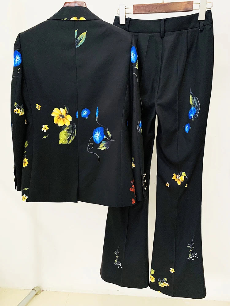 HIGH STREET Newest 2025 Designer Runway Suit Set Women's Single Button Floral Printed Blazer Flare Pants Suit 2pcs.