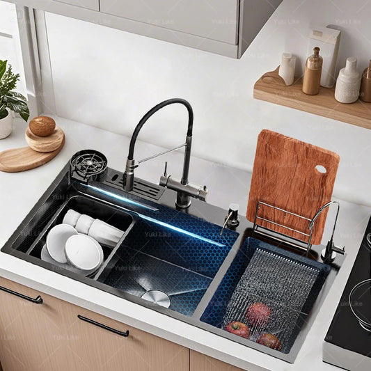 Waterfall Kitchen Sink Stainless Steel Large Double Slot With Chopping Board Rack Knife Holder Multifunctional Dishwash Basin