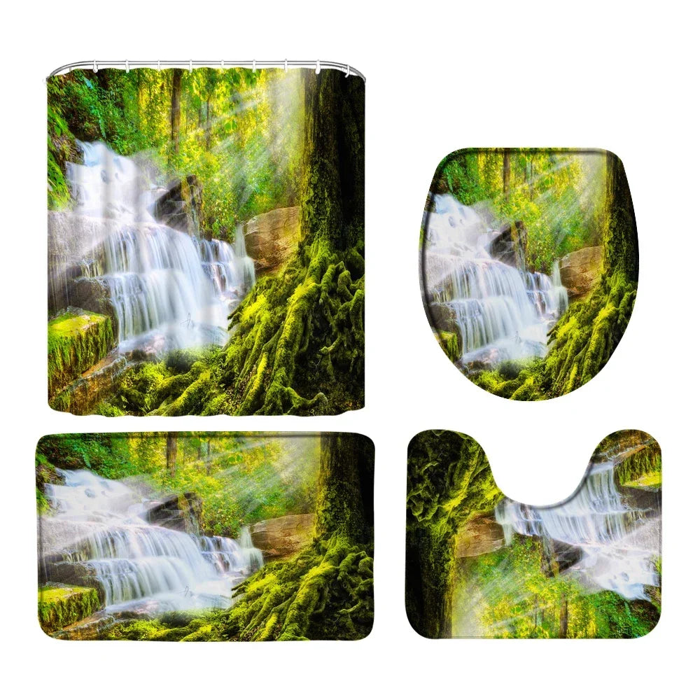 Wasserdichtes Duschvorhang-Set mit sonniger Waldlandschaft, wasserdichter Badezimmer-Toilettensitzbezug, Badewanne, rutschfeste Matte, Teppich, Baddekoration