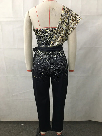 Women Jumpsuits Sleeveless Rompers Overalls Solid One Piece Pencil Pants Slim Belt Slight Strech Spliced Sequins Office Lady.