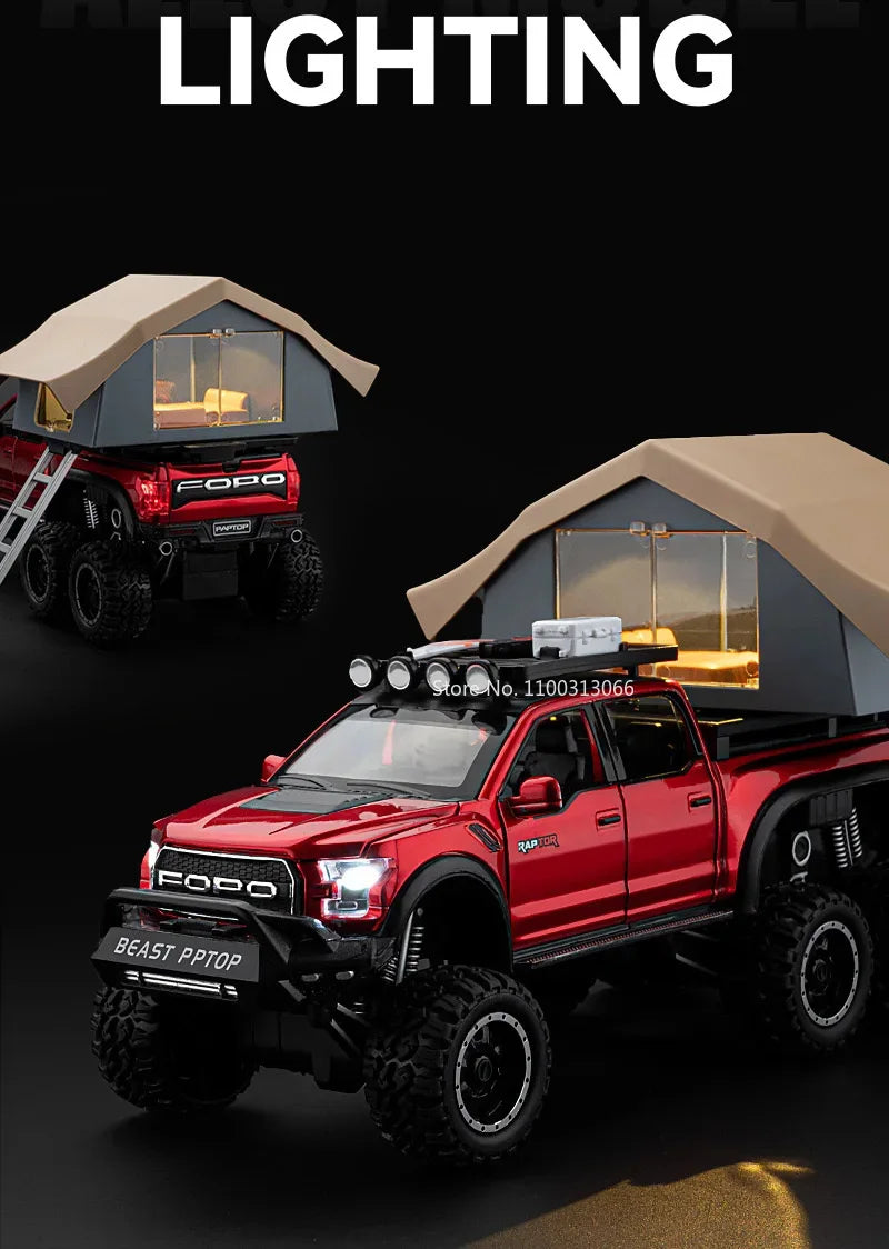 1/24 Scale Raptor F150 Alloy Cars Models Toys 6 Doors Opened Camping RV Diecast Model Light Sound Vehicle for Boys Birthday Gift.