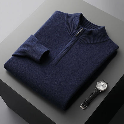 Autumn Winter Men's 100% Merino Wool Sweater Mock Collar Half Zip Knitted Pullover Cashmere Sweatshirt Casual Long Sleeved Tops